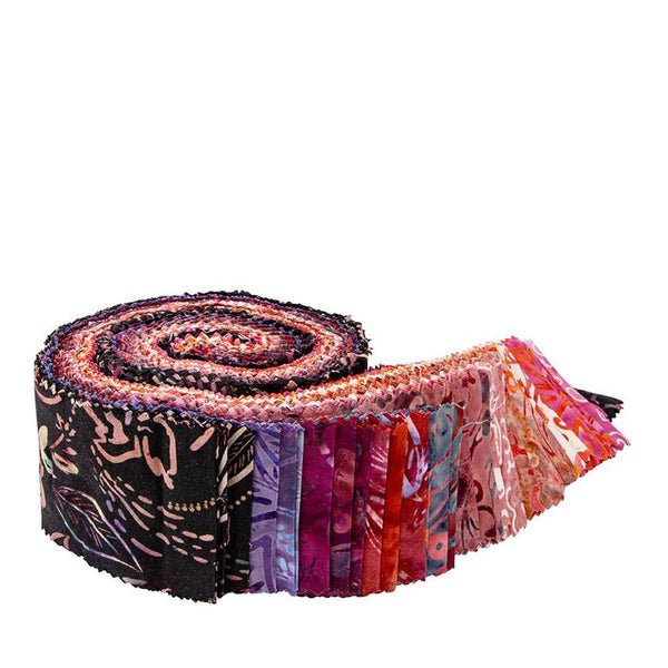 Image of the Expressions Batiks Chalk and Charcoal Rolie Polie B. Features floral batik flower fabrics with red, pink, and purple colors. 
Cute Little Fabric Shop