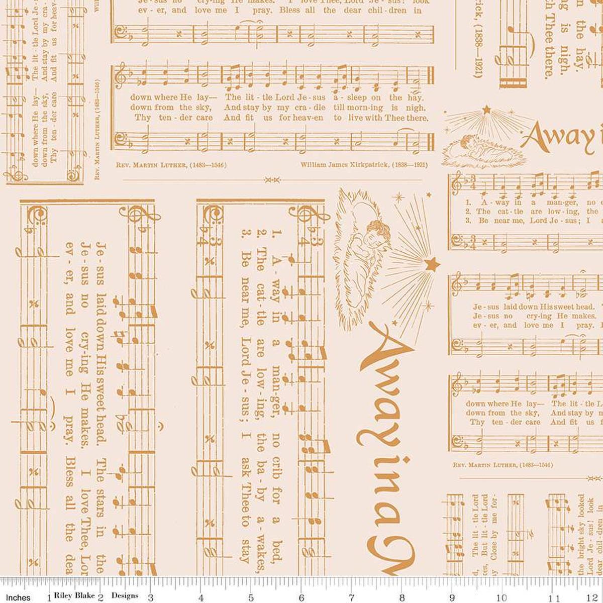 Image of the Home Town Holiday Caroling Cider quilting cotton wide back fabric by Lori Holt for Riley Blake Designs. Features song lyrics and sheet music on a light pink orange background. 
Cute Little Fabric Shop