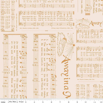 Image of the Home Town Holiday Caroling Cider quilting cotton wide back fabric by Lori Holt for Riley Blake Designs. Features song lyrics and sheet music on a light pink orange background. 
Cute Little Fabric Shop