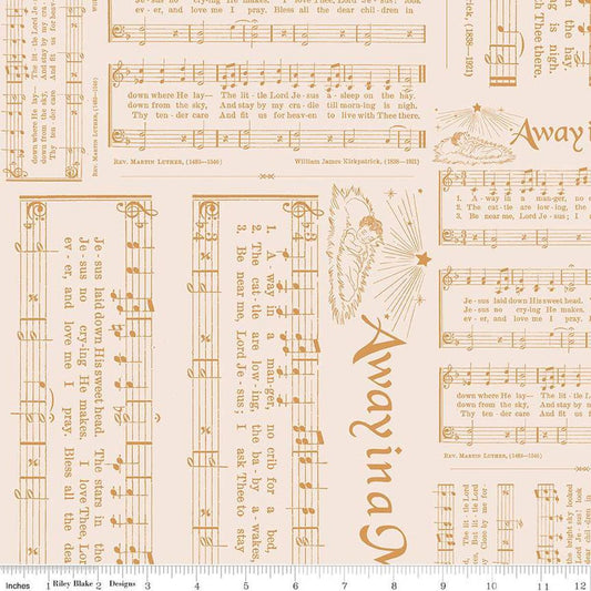 Image of the Home Town Holiday Caroling Cider quilting cotton wide back fabric by Lori Holt for Riley Blake Designs. Features song lyrics and sheet music on a light pink orange background. 
Cute Little Fabric Shop