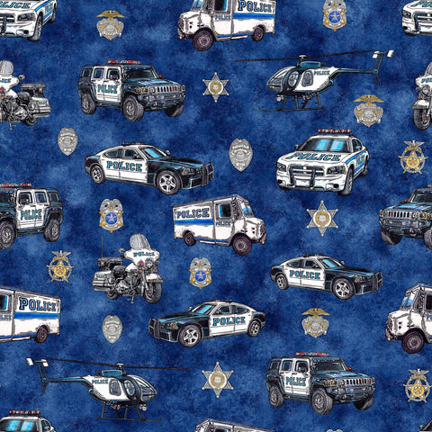 Image of the American Heroes Police Police Cars Navy quilting cotton fabric by QT Fabrics. Features police cars on a navy background.
Cute Little Fabric Shop