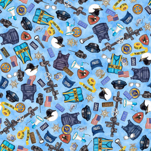 Image of the American Heroes Police Everything Police Light Blue quilting cotton fabric by QT Fabrics. Features police symbols and icons on a light blue background.
Cute Little Fabric Shop