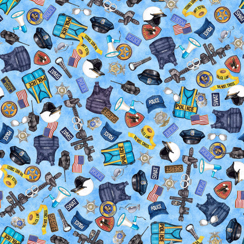 Image of the American Heroes Police Everything Police Light Blue quilting cotton fabric by QT Fabrics. Features police symbols and icons on a light blue background.
Cute Little Fabric Shop