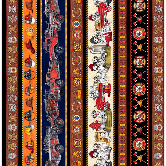Image of the American Heroes Firefighter Decorative Stripe Multi quilting cotton fabric by QT Fabrics. Features striped police symbols and dogs on a multicolored background.
Cute Little Fabric Shop