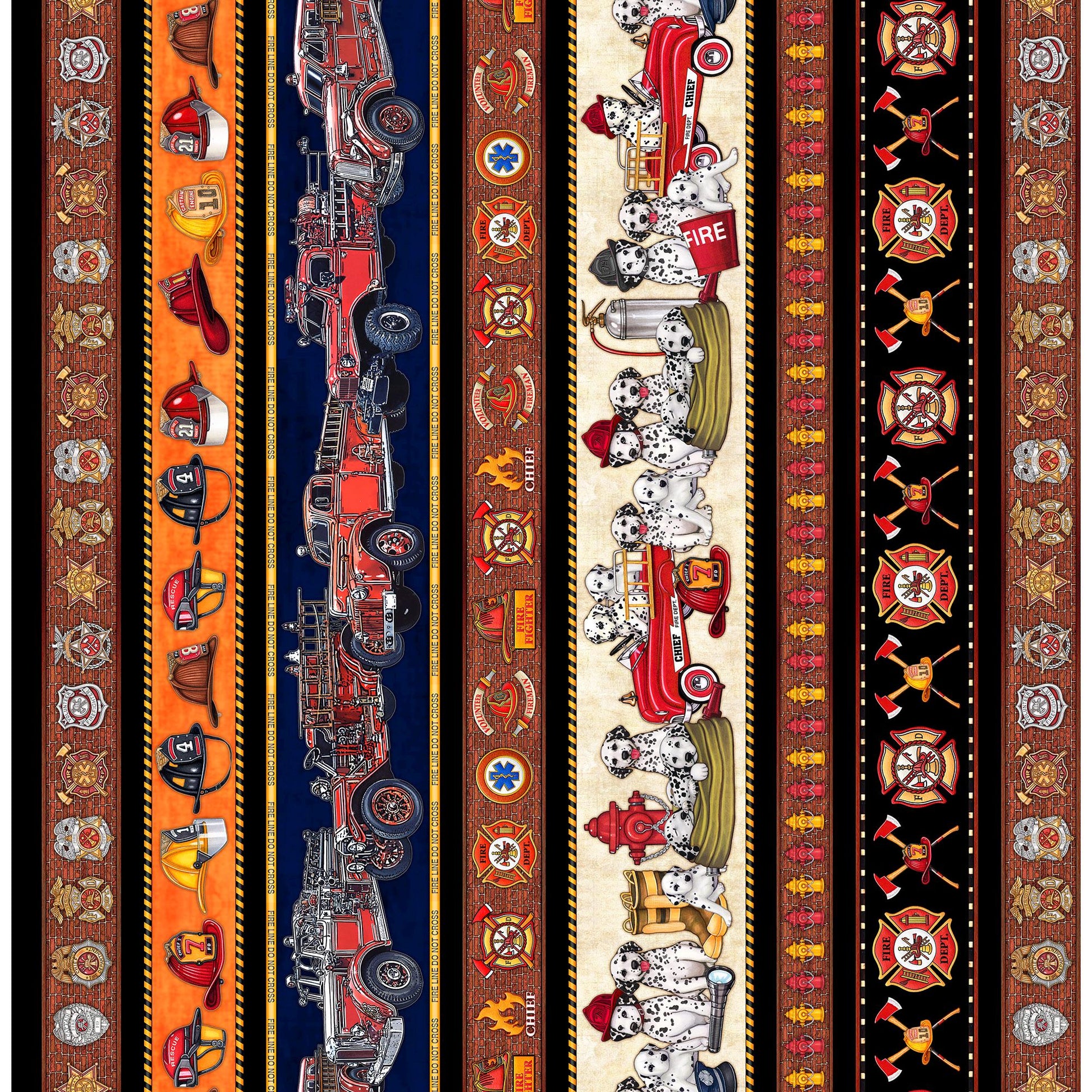 Image of the American Heroes Firefighter Decorative Stripe Multi quilting cotton fabric by QT Fabrics. Features striped police symbols and dogs on a multicolored background.
Cute Little Fabric Shop