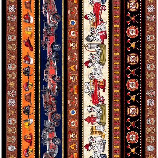 Image of the American Heroes Firefighter Decorative Stripe Multi quilting cotton fabric by QT Fabrics. Features striped police symbols and dogs on a multicolored background.
Cute Little Fabric Shop