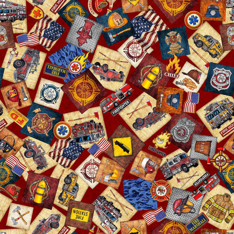 Image of the American Heroes Firefighter Overlapping Patches Brick quilting cotton fabric by QT Fabrics. Features flags and patches and trucks on a red background.
Cute Little Fabric Shop