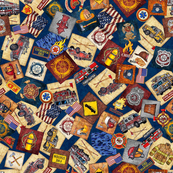 Image of the American Heroes Firefighter Overlapping Patches Navy quilting cotton fabric by QT Fabrics. Features flags and patches and trucks on a navy blue background.
Cute Little Fabric Shop