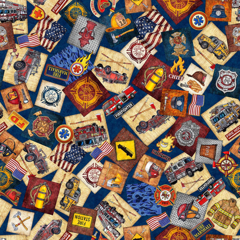 Image of the American Heroes Firefighter Overlapping Patches Navy quilting cotton fabric by QT Fabrics. Features flags and patches and trucks on a navy blue background.
Cute Little Fabric Shop