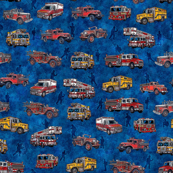 Image of the American Heroes Firefighter Fire Trucks Royal Y quilting cotton fabric by QT Fabrics. Features trucks and people on a royal blue background.
Cute Little Fabric Shop
