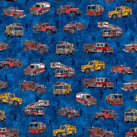 Image of the American Heroes Firefighter Fire Trucks Royal Y quilting cotton fabric by QT Fabrics. Features trucks and people on a royal blue background.
Cute Little Fabric Shop