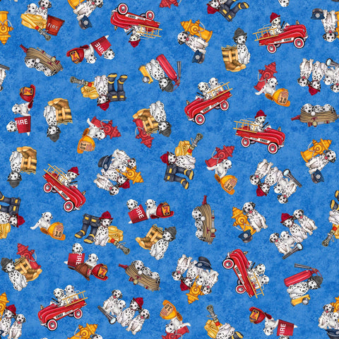 Image of the American Heroes Firefighter Dalmatians quilting cotton fabric by QT Fabrics. Features trucks and people on a royal blue background.
Cute Little Fabric Shop