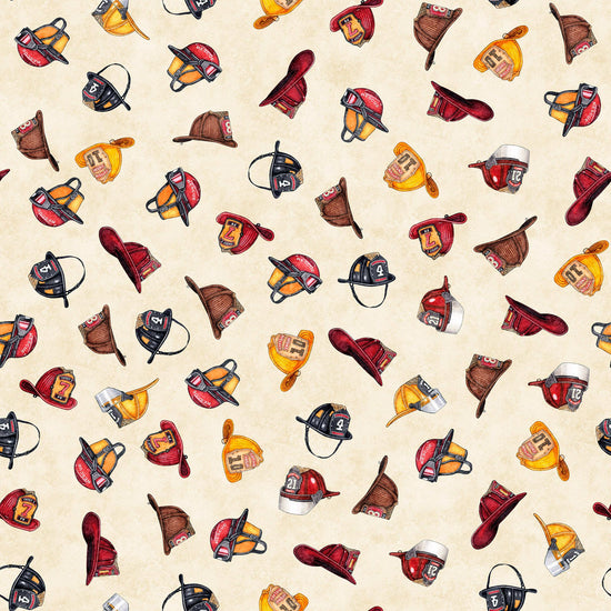 Image of the American Heroes Firefighter Firefighter Hat Cream  quilting cotton fabric by QT Fabrics. Features scattered hats on a cream background.
Cute Little Fabric Shop