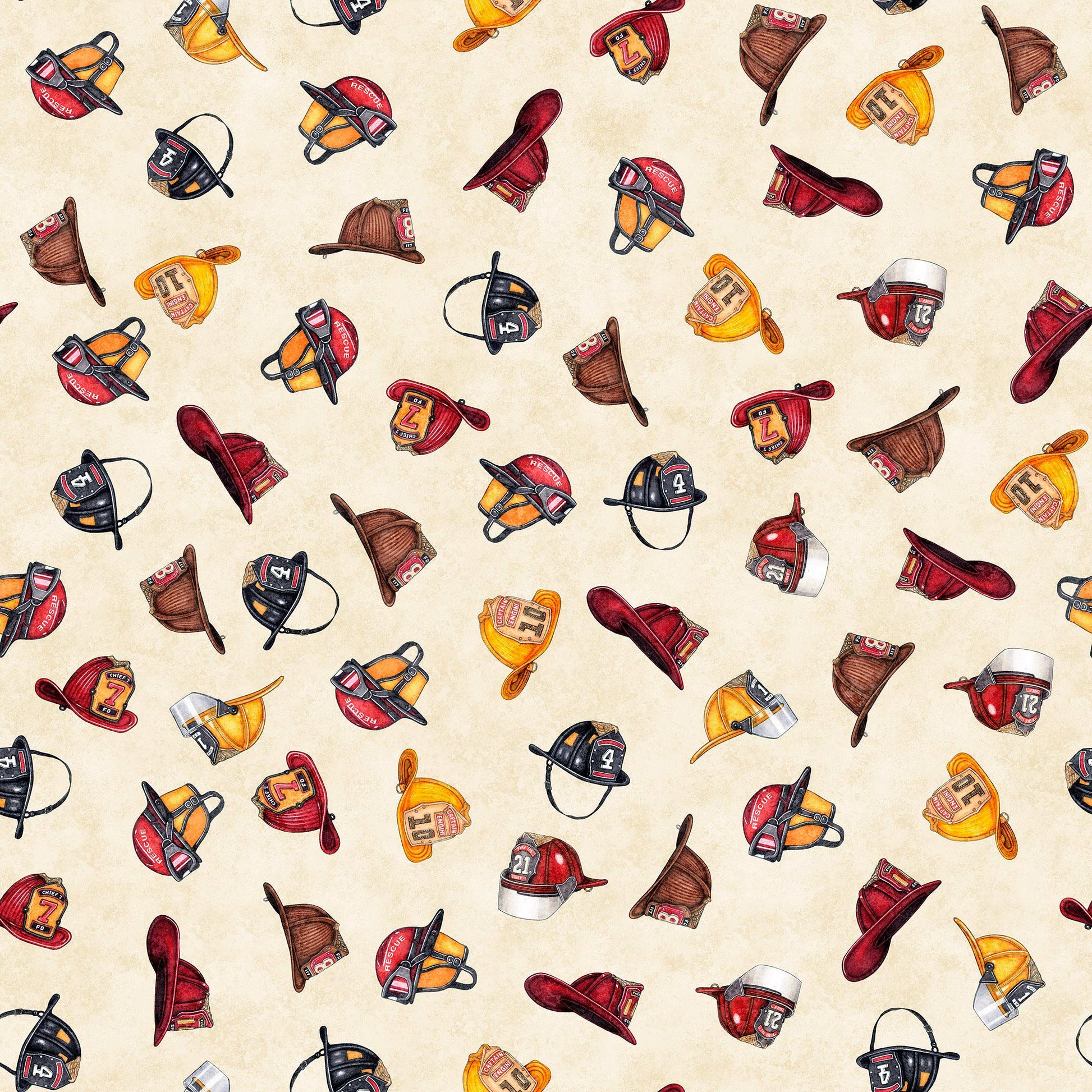 Image of the American Heroes Firefighter Firefighter Hat Cream  quilting cotton fabric by QT Fabrics. Features scattered hats on a cream background.
Cute Little Fabric Shop