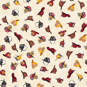 Image of the American Heroes Firefighter Firefighter Hat Cream  quilting cotton fabric by QT Fabrics. Features scattered hats on a cream background.
Cute Little Fabric Shop