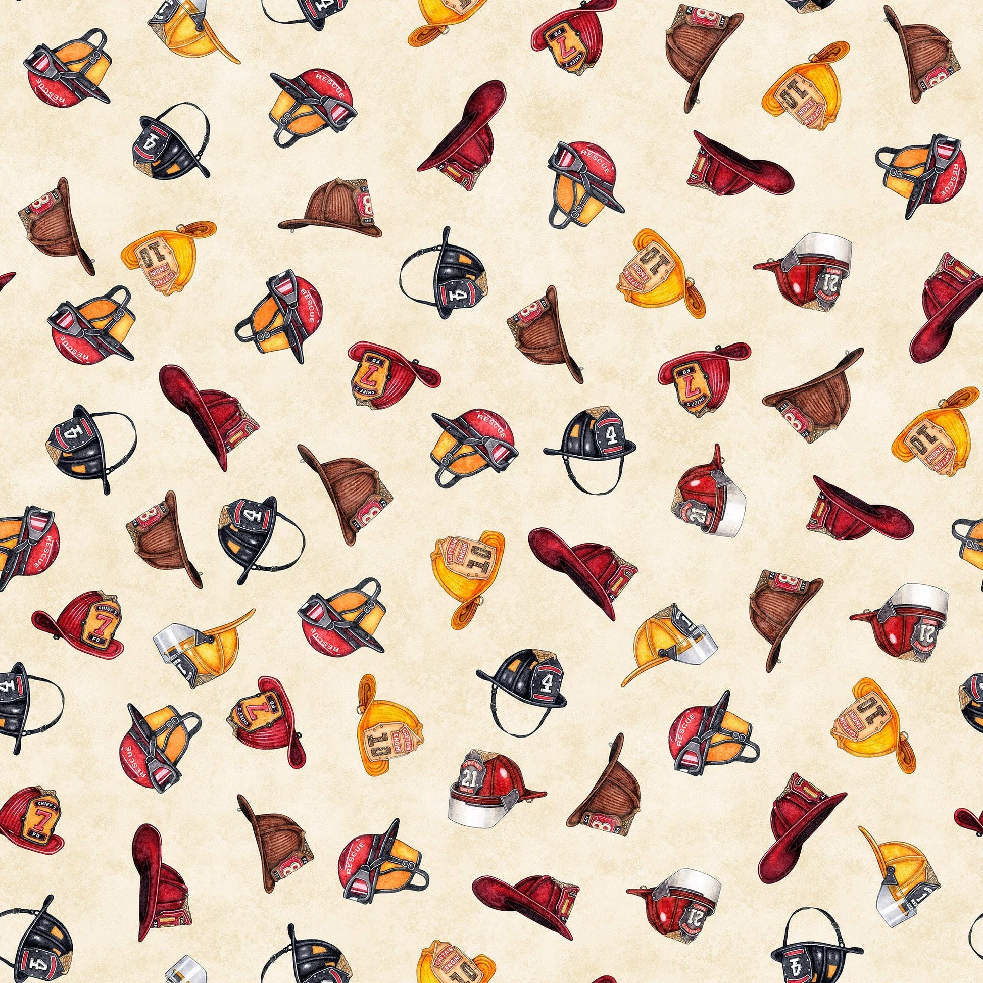 Image of the American Heroes Firefighter Firefighter Hat Cream  quilting cotton fabric by QT Fabrics. Features scattered hats on a cream background.
Cute Little Fabric Shop