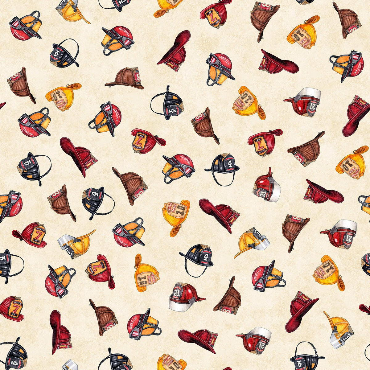 Image of the American Heroes Firefighter Firefighter Hat Cream  quilting cotton fabric by QT Fabrics. Features scattered hats on a cream background.
Cute Little Fabric Shop