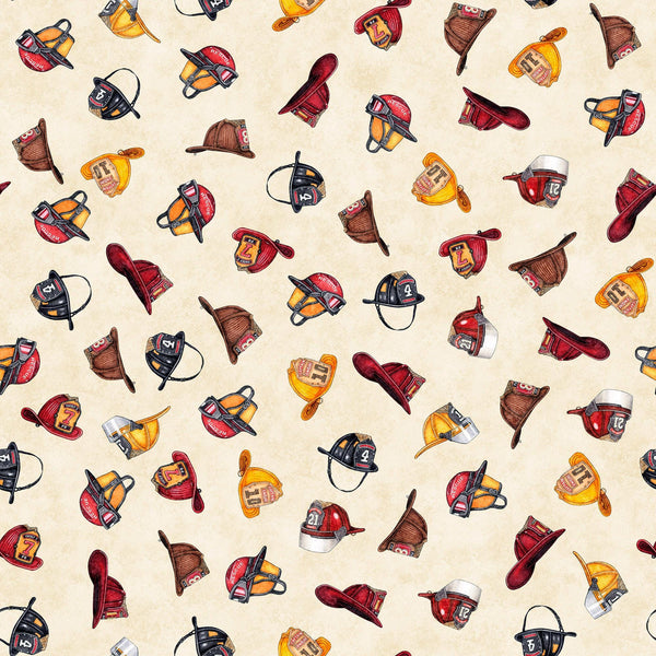 Image of the American Heroes Firefighter Firefighter Hat Cream  quilting cotton fabric by QT Fabrics. Features scattered hats on a cream background.
Cute Little Fabric Shop