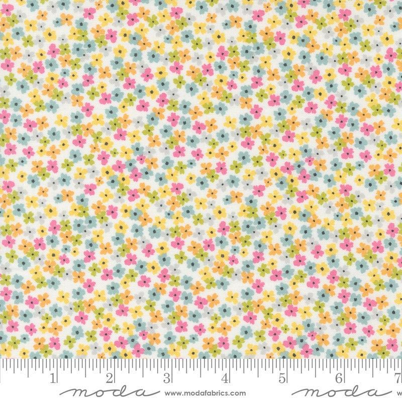 Image of the Shine Bloom Cloud quilting cotton fabric by Sweetwater for Moda Fabrics. Features small colorful flowers on a cream white background. 
Cute Little Fabric Shop