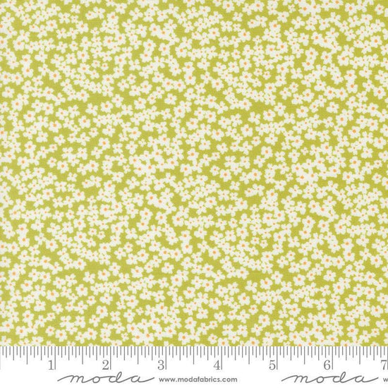 Image of the Shine Bloom Grass quilting cotton fabric by Sweetwater for Moda Fabrics. Features small flowers on a lime green background. 
Cute Little Fabric Shop