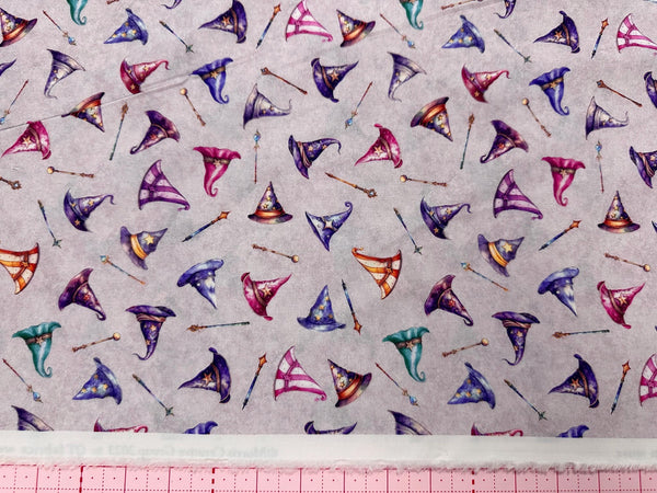 Lil' Wizards Hat Toss 30552 Gray with pink undertones - by QT Fabrics - Hats Magic Wands - Quilting Cotton Fabric