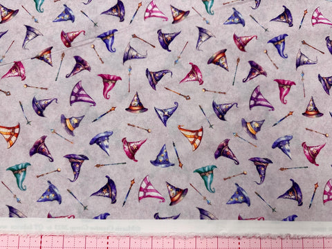 Lil' Wizards Hat Toss 30552 Gray with pink undertones - by QT Fabrics - Hats Magic Wands - Quilting Cotton Fabric