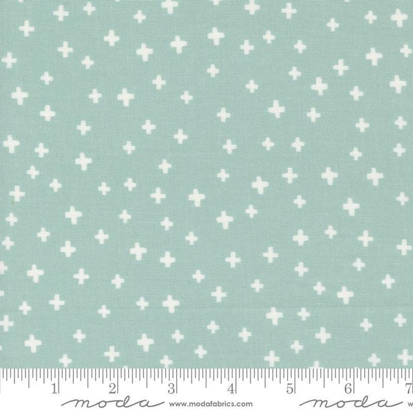 Image of the Shine Plus Sky quilting cotton fabric by Sweetwater for Moda Fabrics. Features small plus signs on a blue background. 
Cute Little Fabric Shop