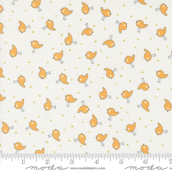 Image of the Shine Plus Cloud Creamsicle quilting cotton fabric by Sweetwater for Moda Fabrics. Features small birds on a cream white background. 
Cute Little Fabric Shop