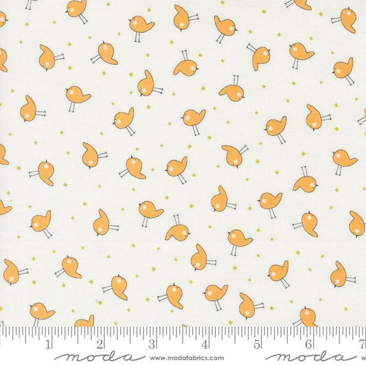 Image of the Shine Plus Cloud Creamsicle quilting cotton fabric by Sweetwater for Moda Fabrics. Features small birds on a cream white background. 
Cute Little Fabric Shop