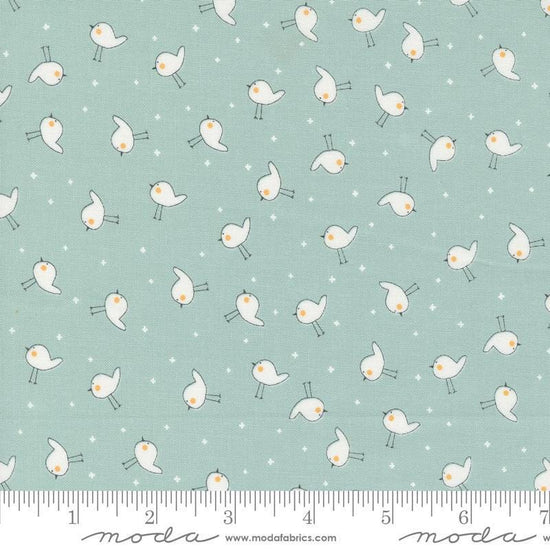 Image of the Shine Plus Sky quilting cotton fabric by Sweetwater for Moda Fabrics. Features small birds on a light blue background. 
Cute Little Fabric Shop