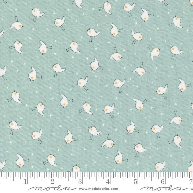 Image of the Shine Plus Sky quilting cotton fabric by Sweetwater for Moda Fabrics. Features small birds on a light blue background. 
Cute Little Fabric Shop