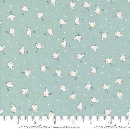 Image of the Shine Plus Sky quilting cotton fabric by Sweetwater for Moda Fabrics. Features small birds on a light blue background. 
Cute Little Fabric Shop