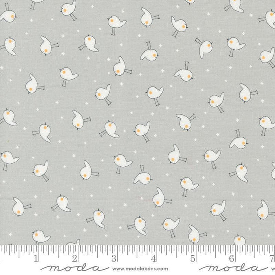 Image of the Shine Birdie Stormy quilting cotton fabric by Sweetwater for Moda Fabrics. Features small birds on a gray background. 
Cute Little Fabric Shop