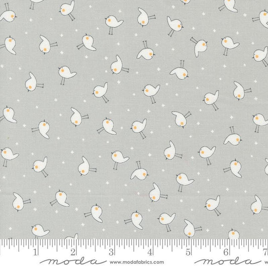Image of the Shine Birdie Stormy quilting cotton fabric by Sweetwater for Moda Fabrics. Features small birds on a gray background. 
Cute Little Fabric Shop