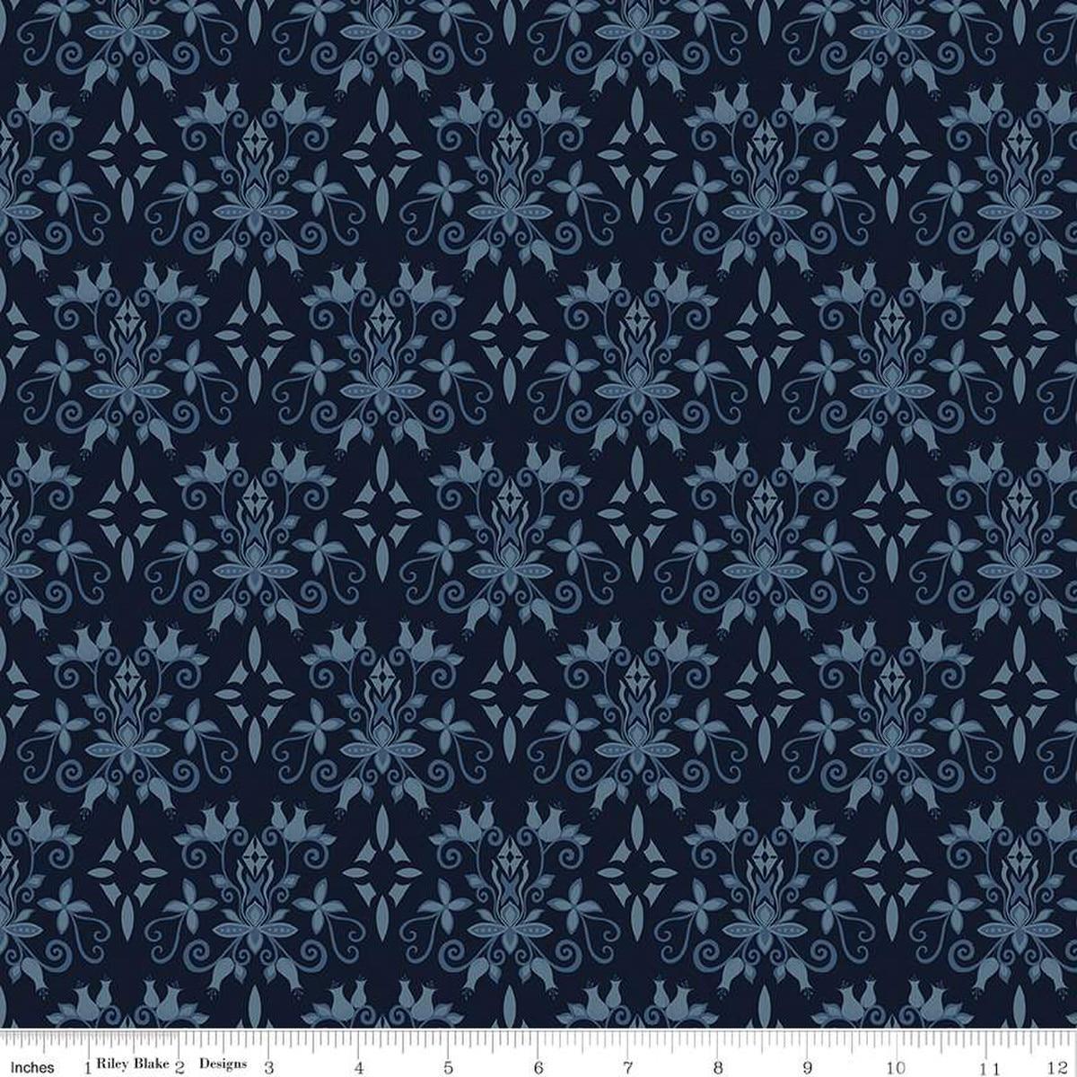 Image of the Curated Blooms Damask Midnight quilting cotton fabric by Judi Madsen for Riley Blake Designs. Features a floral damask on a blue background.
Cute Little Fabric Shop