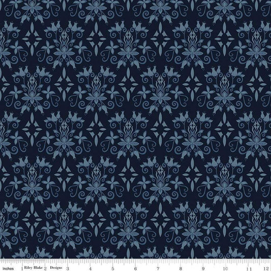 Image of the Curated Blooms Damask Midnight quilting cotton fabric by Judi Madsen for Riley Blake Designs. Features a floral damask on a blue background.
Cute Little Fabric Shop