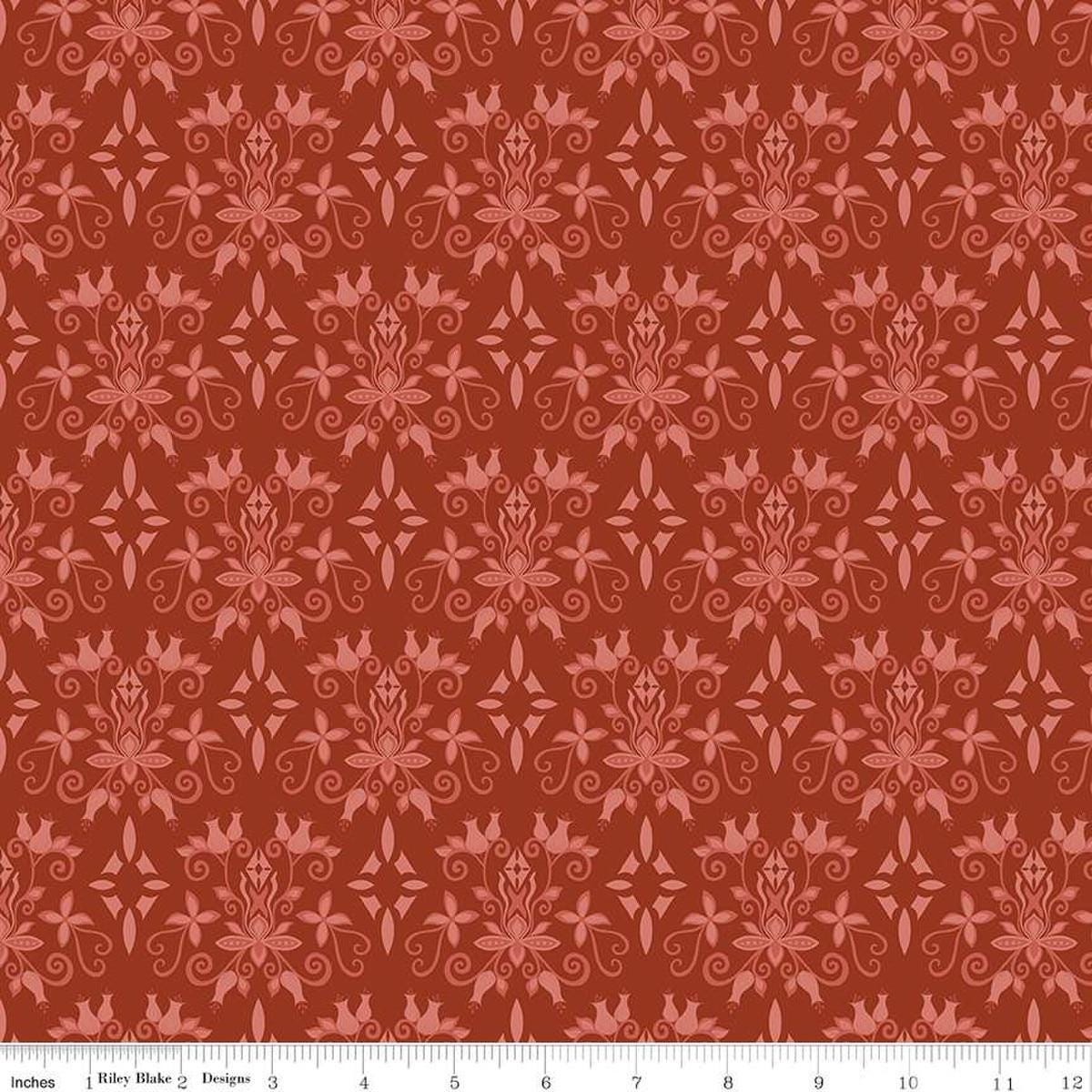Image of the Curated Blooms Damask Auburn quilting cotton fabric by Judi Madsen for Riley Blake Designs. Features a floral damask on a red orange background.
Cute Little Fabric Shop