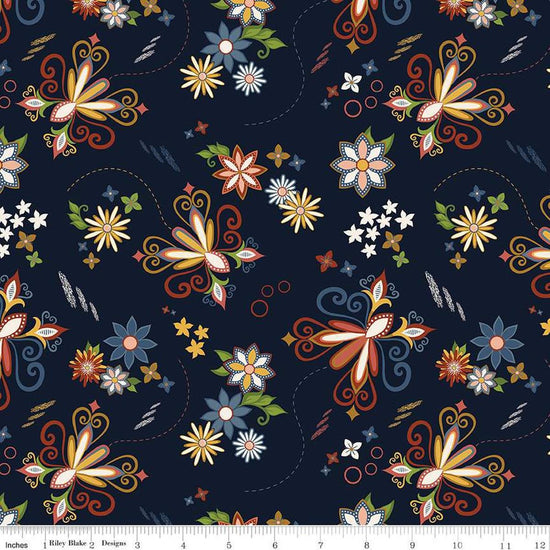 Image of the Curated Blooms Dance Midnight quilting cotton fabric by Judi Madsen for Riley Blake Designs. Features flowers and dashes and stars on a blue background.
Cute Little Fabric Shop