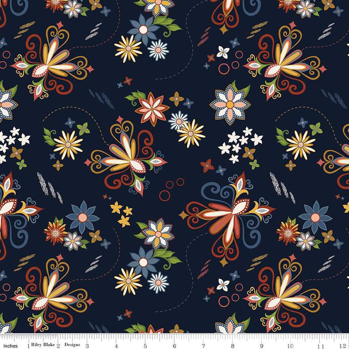 Image of the Curated Blooms Dance Midnight quilting cotton fabric by Judi Madsen for Riley Blake Designs. Features flowers and dashes and stars on a blue background.
Cute Little Fabric Shop