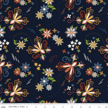 Image of the Curated Blooms Dance Midnight quilting cotton fabric by Judi Madsen for Riley Blake Designs. Features flowers and dashes and stars on a blue background.
Cute Little Fabric Shop
