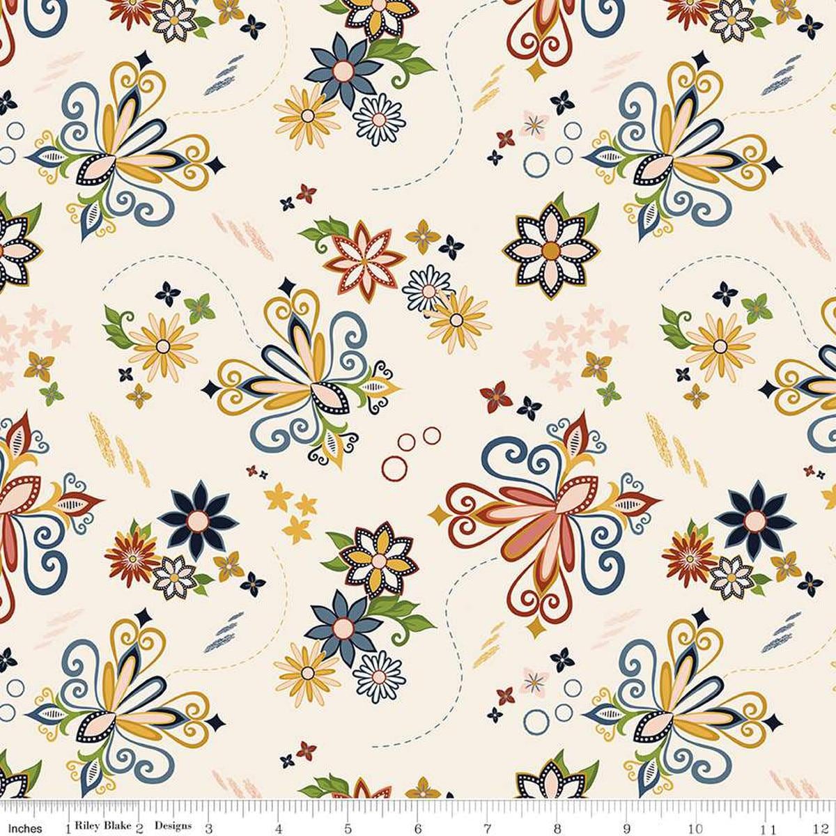Image of the Curated Blooms Dance Cream quilting cotton fabric by Judi Madsen for Riley Blake Designs. Features flowers and dashes and stars on a cream background.
Cute Little Fabric Shop