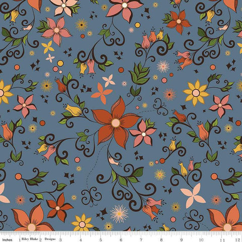 Image of the Curated Blooms Main Stone quilting cotton fabric by Judi Madsen for Riley Blake Designs. Features flowers and dashes and stars on a blue background.
Cute Little Fabric Shop