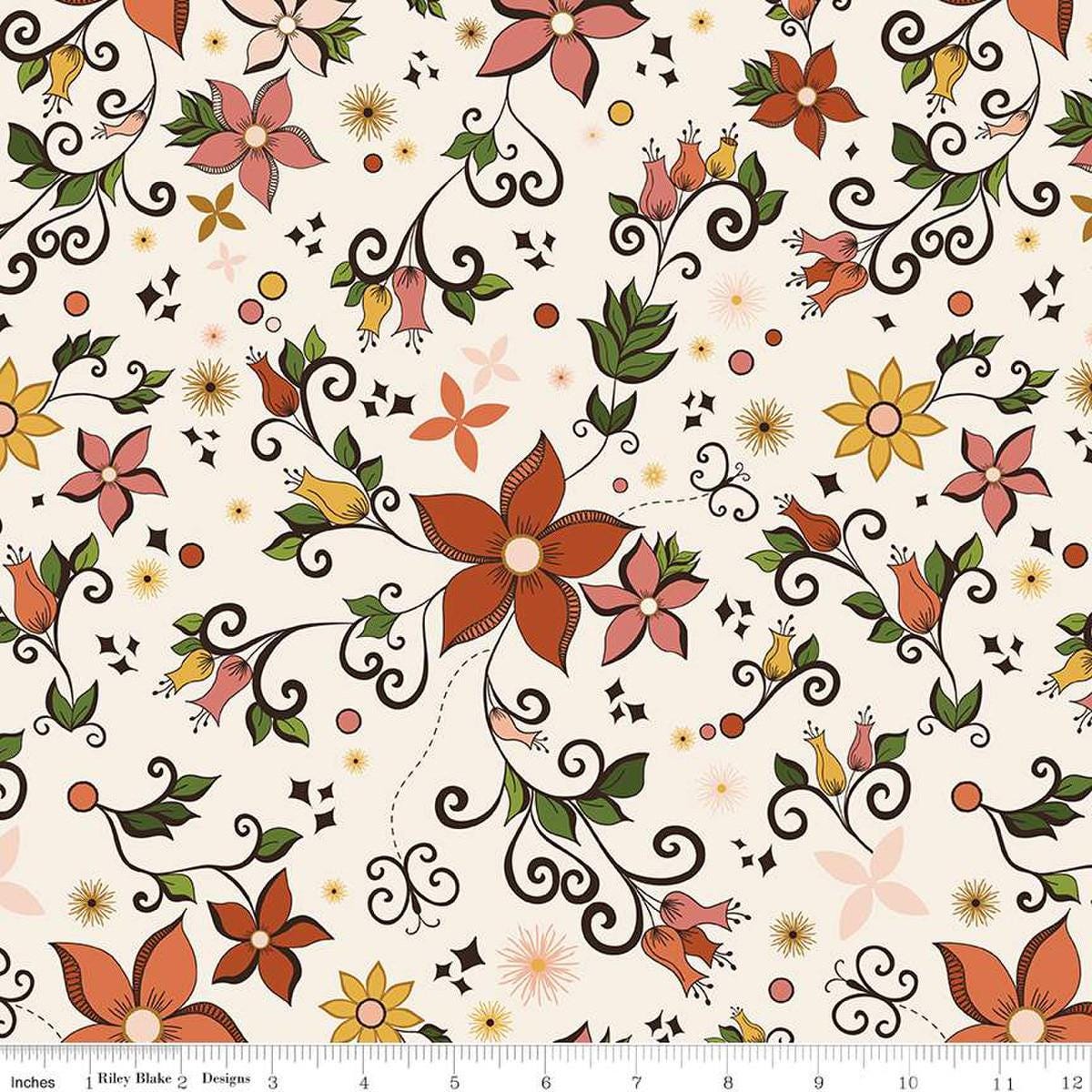 Image of the Curated Blooms Main Cream quilting cotton fabric by Judi Madsen for Riley Blake Designs. Features flowers and dashes and stars on a cream background.
Cute Little Fabric Shop