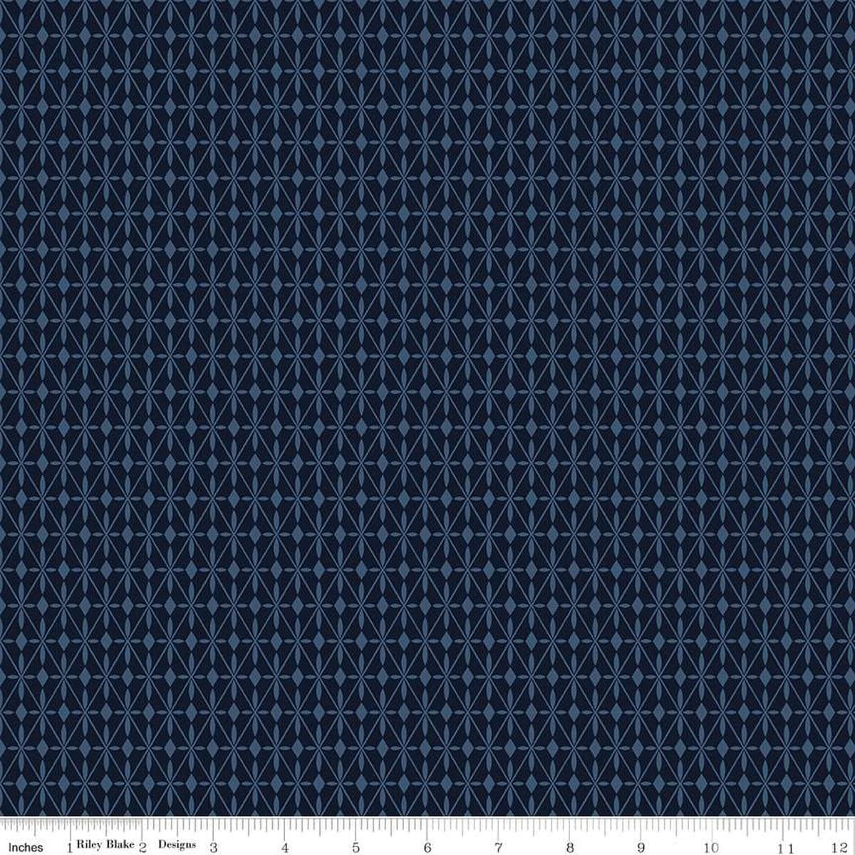 Image of the Curated Blooms Mosaic Diamonds Midnight quilting cotton fabric by Judi Madsen for Riley Blake Designs. Features geometric diamonds and dots on a blue background.
Cute Little Fabric Shop