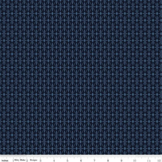 Image of the Curated Blooms Mosaic Diamonds Midnight quilting cotton fabric by Judi Madsen for Riley Blake Designs. Features geometric diamonds and dots on a blue background.
Cute Little Fabric Shop