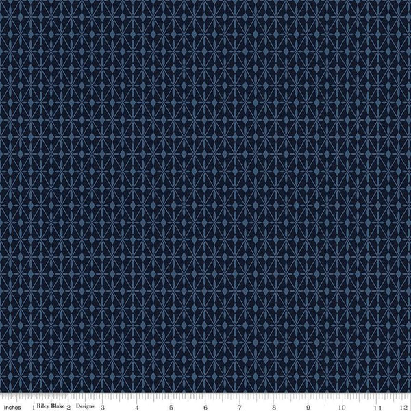 Image of the Curated Blooms Mosaic Diamonds Midnight quilting cotton fabric by Judi Madsen for Riley Blake Designs. Features geometric diamonds and dots on a blue background.
Cute Little Fabric Shop