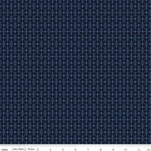 Image of the Curated Blooms Mosaic Diamonds Midnight quilting cotton fabric by Judi Madsen for Riley Blake Designs. Features geometric diamonds and dots on a blue background.
Cute Little Fabric Shop