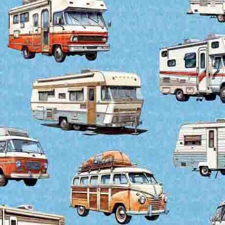 Image of the On the Road Again RV's Blue quilting cotton fabric by Moda Fabrics. Features pictures of RV campers on a blue background.
Cute Little Fabric Shop