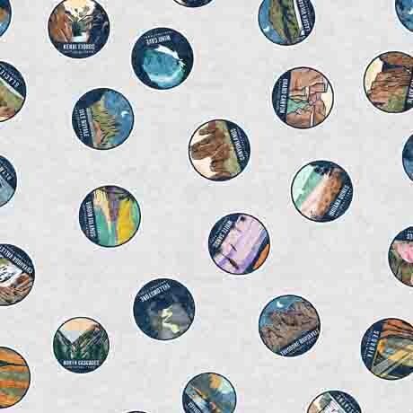 Image of the On the Road Again National Park Medallions Gray quilting cotton fabric by Moda Fabrics. Features circular pictures of national parks on a gray background.
Cute Little Fabric Shop