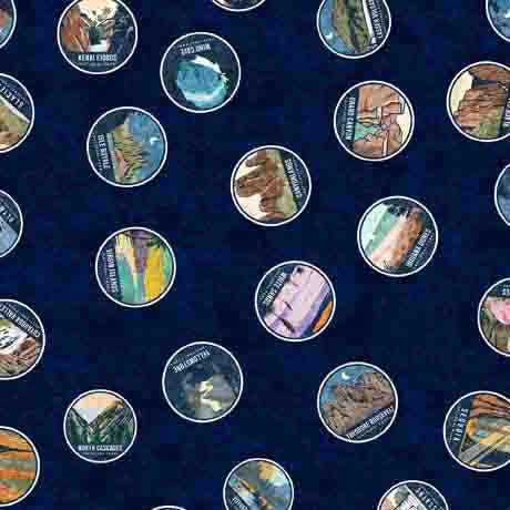 Image of the On the Road Again National Park Medallions Navy quilting cotton fabric by Moda Fabrics. Features circular pictures of national parks on a dark blue background.
Cute Little Fabric Shop